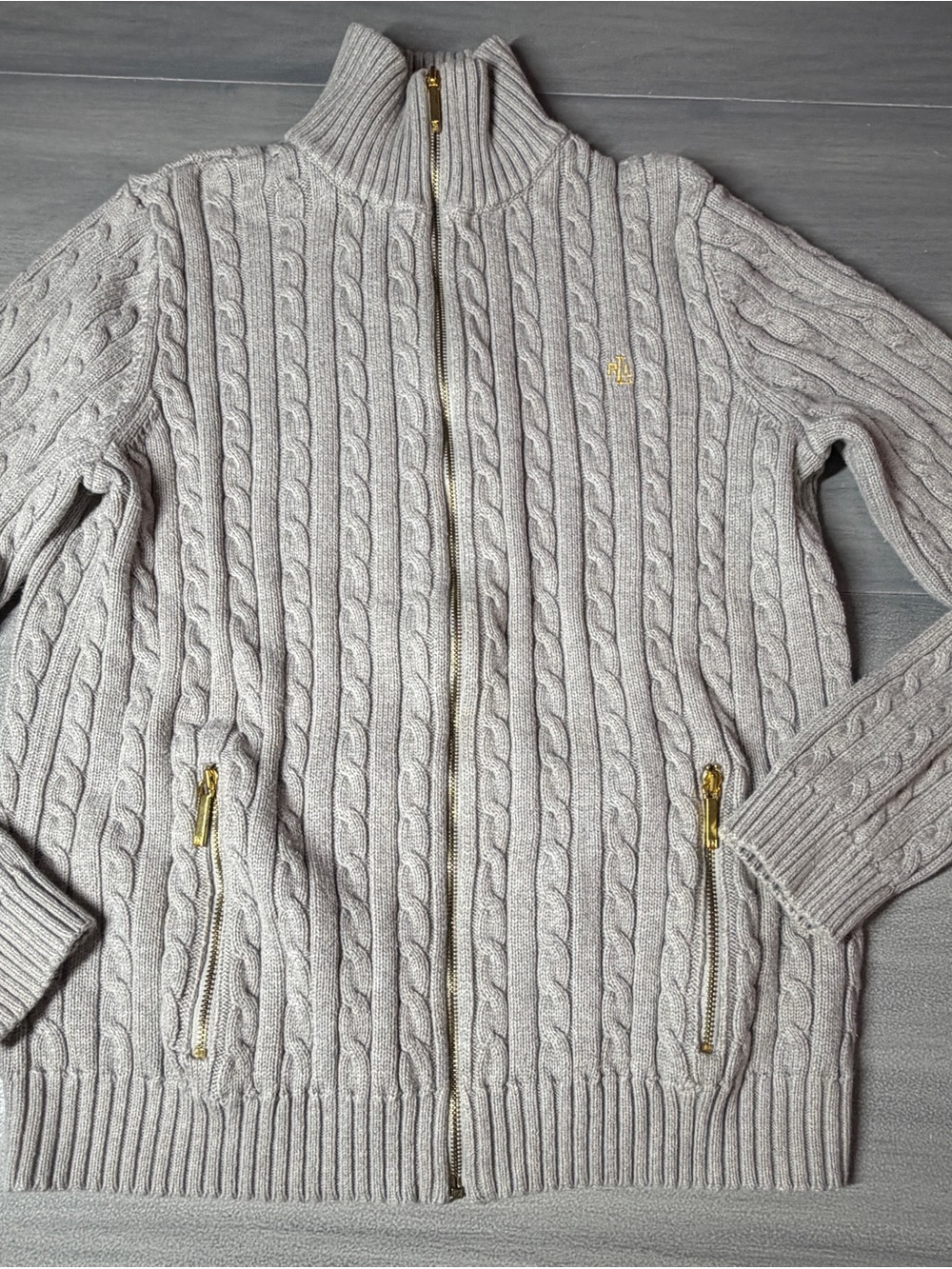 Lauren Ralph Lauren Women M Gray Cable Knit Full Zip Sweater Gold LRL Cotton